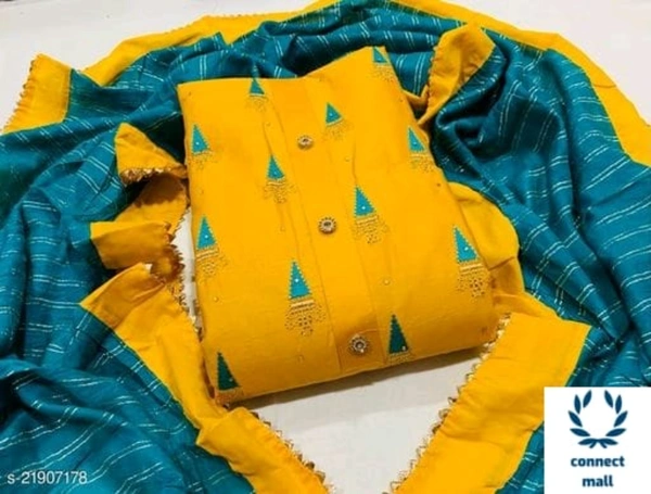 ALISHA Pretty Jam Cotton Fabric Embroidered UnStitched Salwar Suit With Banarasi Silk Fabric Dupatta - Un Stitched, Yellow